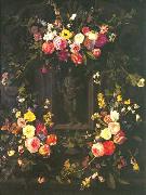Jan Philip van Thielen Garland of flowers surrounding Christ figure in grisaille France oil painting artist